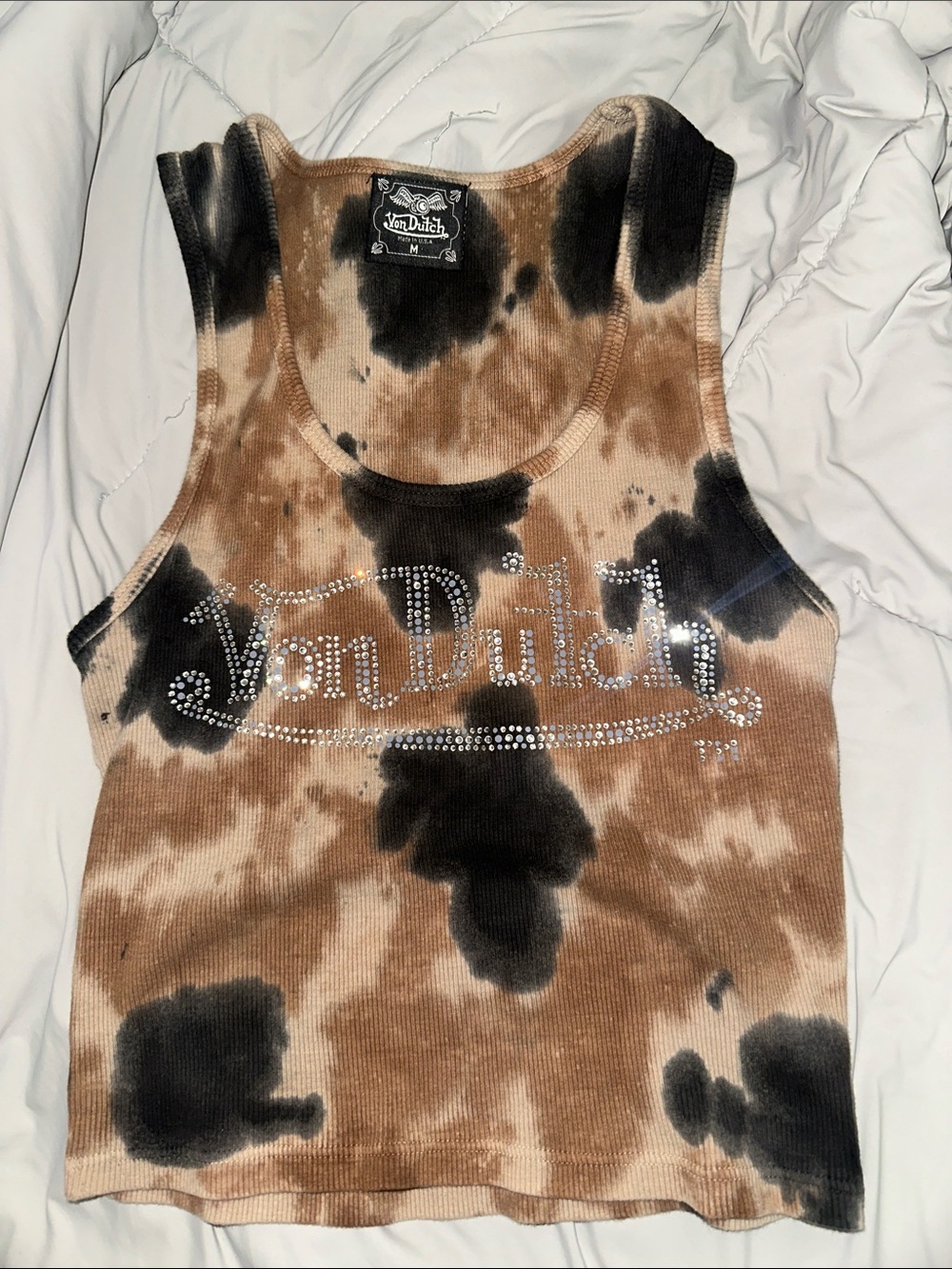 Von Dutch Brown & Black Tie-Dye Rhinestone Logo Tank Top